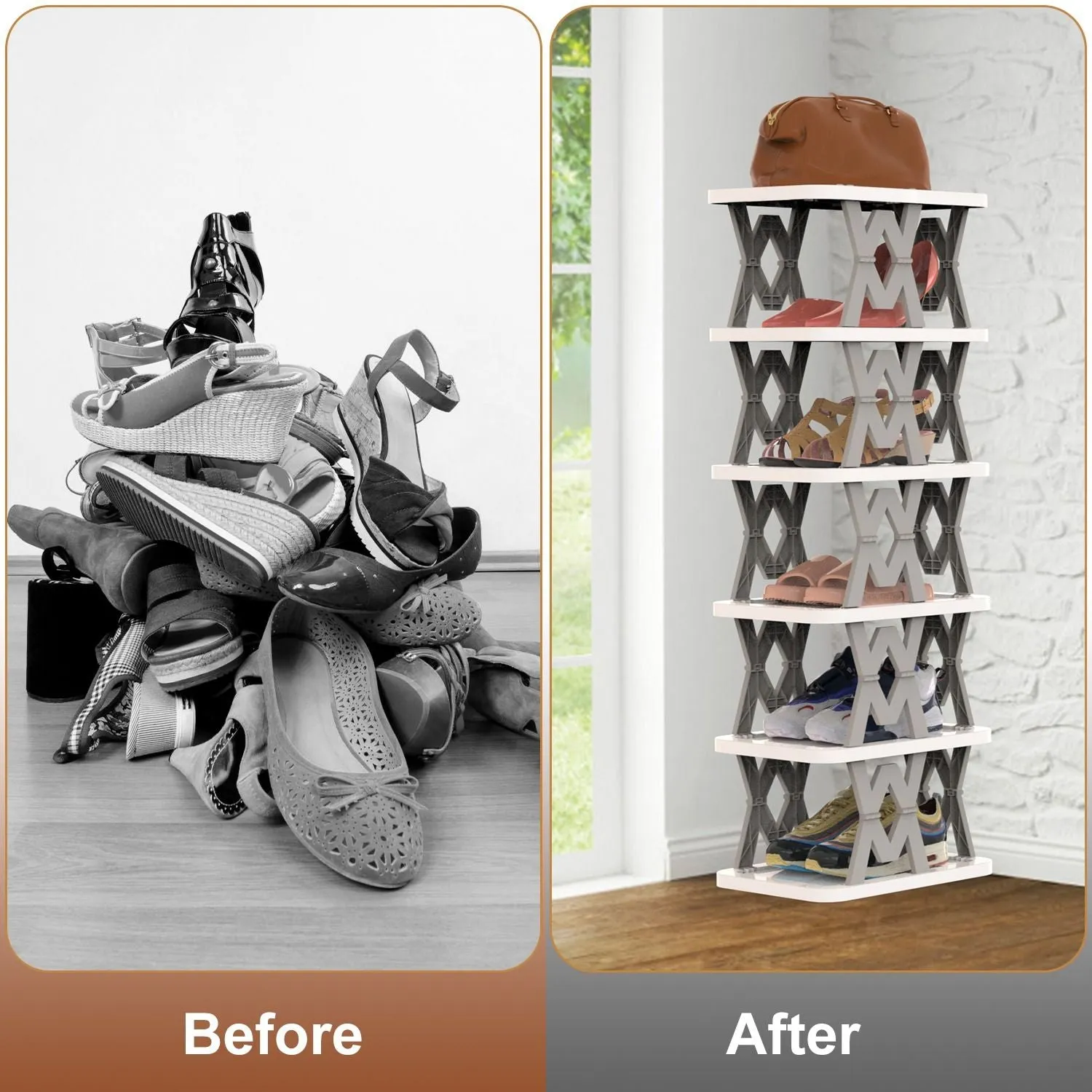 6 Tier Foldable Shoe Rack Vertical Shoe Organizer Narrow Shoe Rack for Small Spaces Space Saving Free Standing for Corner Entryway Hallway Bedroom
