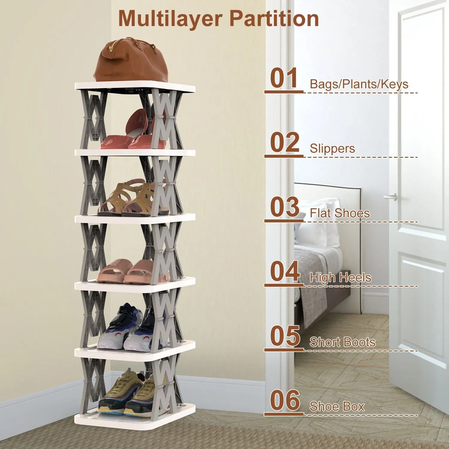 6 Tier Foldable Shoe Rack Vertical Shoe Organizer Narrow Shoe Rack for Small Spaces Space Saving Free Standing for Corner Entryway Hallway Bedroom