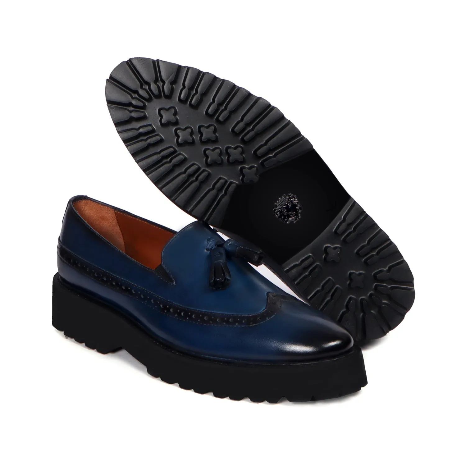 Brush Off Light Weight Punching Brogue Blue Genuine Leather Tassel Shoes For Men By Brune & Bareskin