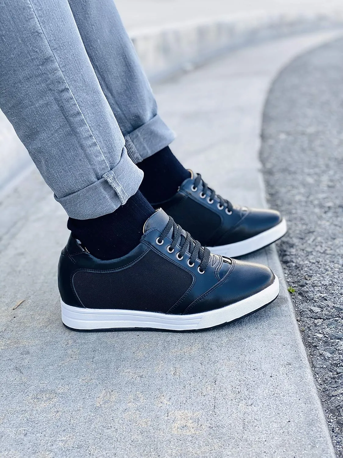 TOTO Men's Invisible Height Increasing Elevator Shoes - Black Leather/Mesh Lace-up Casual Fashion Sneakers - 3.2 Inches Taller - A53272 - Size 8 D(M) US