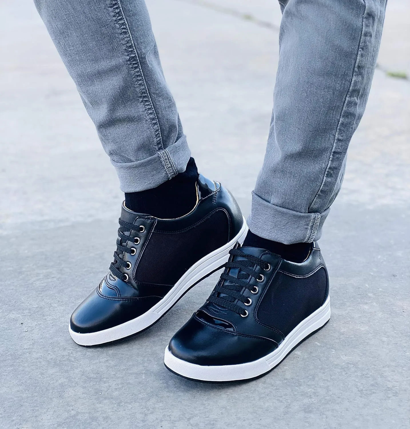 TOTO Men's Invisible Height Increasing Elevator Shoes - Black Leather/Mesh Lace-up Casual Fashion Sneakers - 3.2 Inches Taller - A53272 - Size 8 D(M) US
