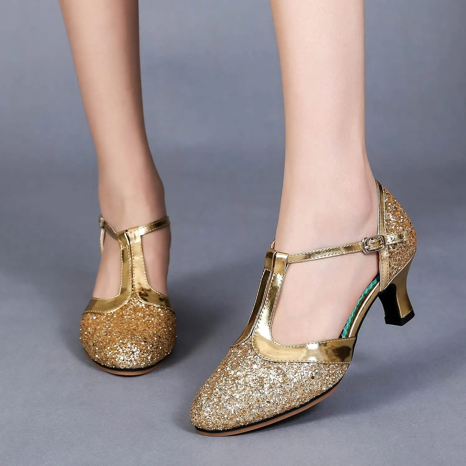 Womens Dress Sandals Low Heel Latin Dance Shoes Glitter Tango Shoes Closed Toe Dancing Pumps Professional Heels