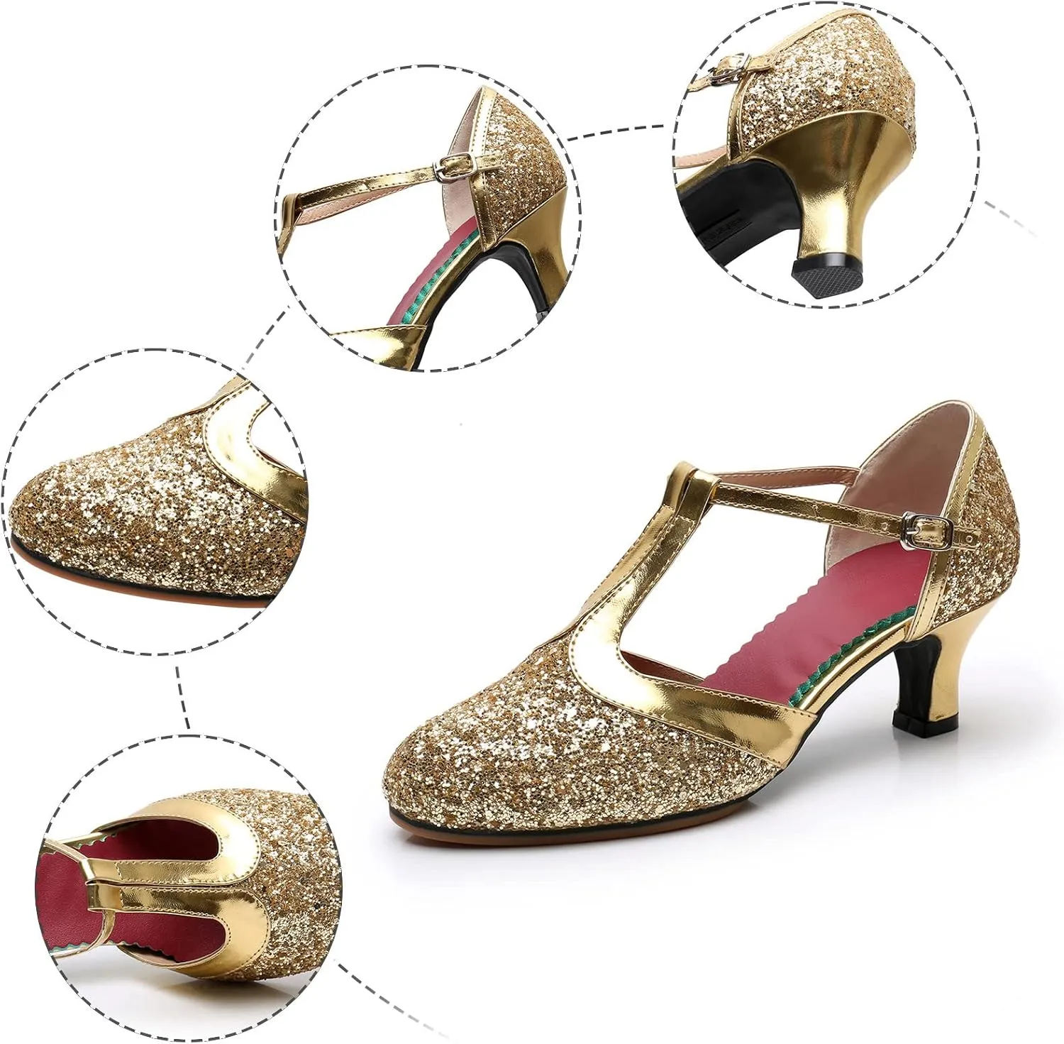 Womens Dress Sandals Low Heel Latin Dance Shoes Glitter Tango Shoes Closed Toe Dancing Pumps Professional Heels