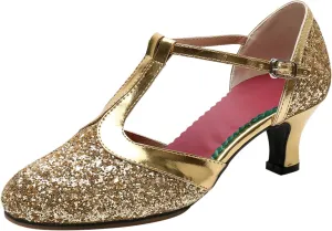 Womens Dress Sandals Low Heel Latin Dance Shoes Glitter Tango Shoes Closed Toe Dancing Pumps Professional Heels