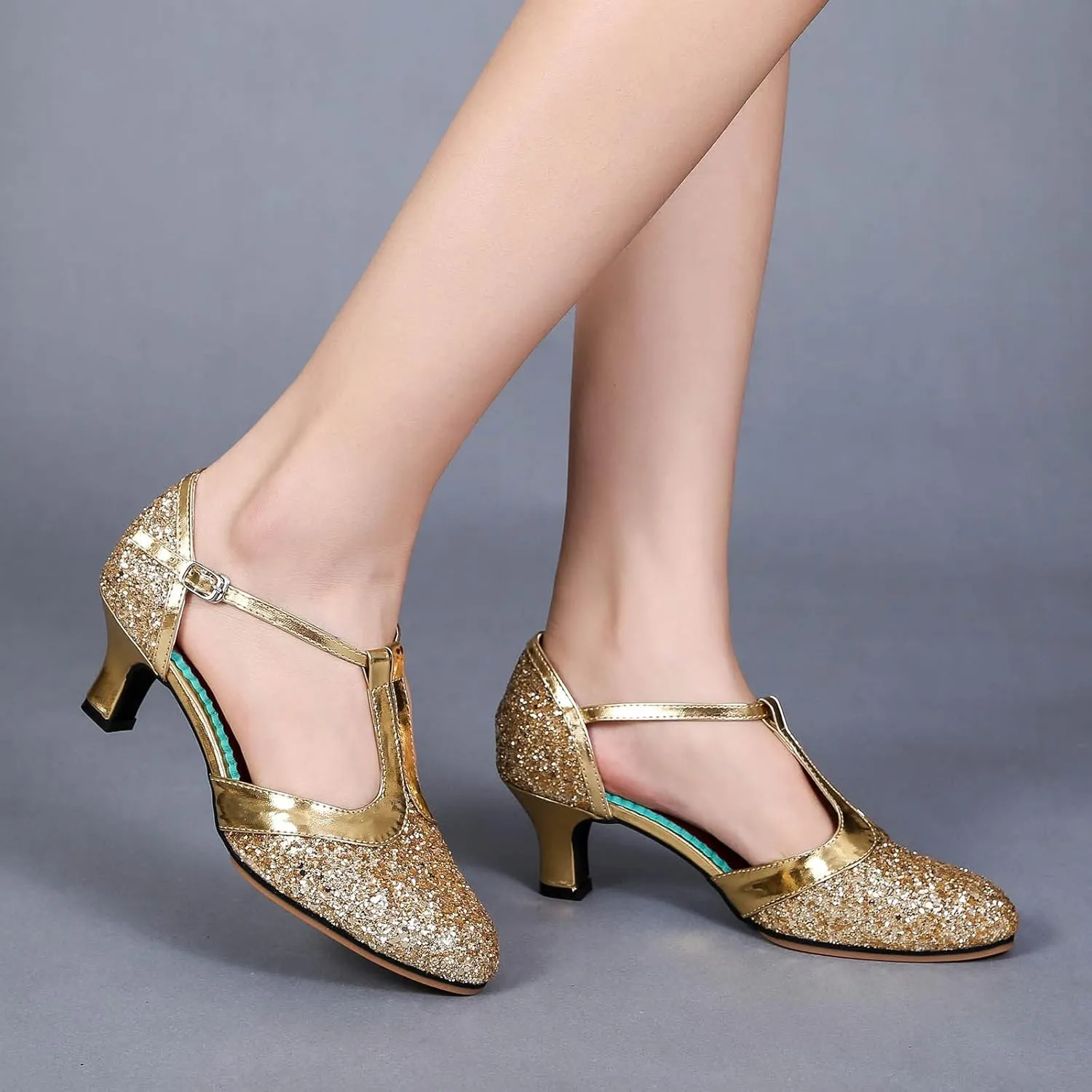 Womens Dress Sandals Low Heel Latin Dance Shoes Glitter Tango Shoes Closed Toe Dancing Pumps Professional Heels